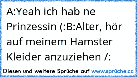 A:Yeah ich hab ne Prinzessin (:
B:Alter, hör auf meinem Hamster Kleider anzuziehen /: