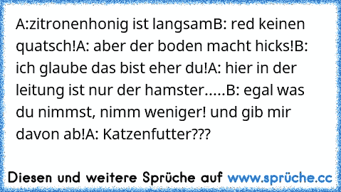 A:zitronenhonig ist langsam
B: red keinen quatsch!
A: aber der boden macht hicks!
B: ich glaube das bist eher du!
A: hier in der leitung ist nur der hamster.....
B: egal was du nimmst, nimm weniger! und gib mir davon ab!
A: Katzenfutter???