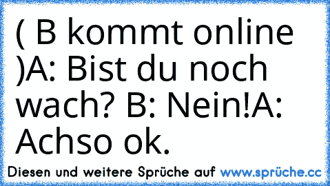 ( B kommt online )
A: Bist du noch wach? 
B: Nein!
A: Achso ok.