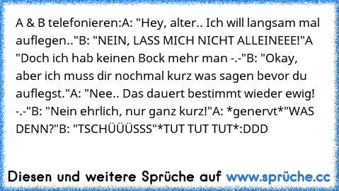 A & B telefonieren:
A: "Hey, alter.. Ich will langsam mal auflegen.."
B: "NEIN, LASS MICH NICHT ALLEINEEE!"
A "Doch ich hab keinen Bock mehr man -.-"
B: "Okay, aber ich muss dir nochmal kurz was sagen bevor du auflegst."
A: "Nee.. Das dauert bestimmt wieder ewig! -.-"
B: "Nein ehrlich, nur ganz kurz!"
A: *genervt*
"WAS DENN?"
B: "TSCHÜÜÜSSS"
*TUT TUT TUT*
:DDD