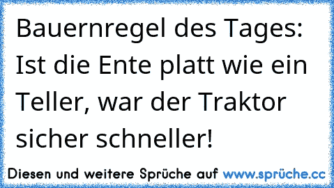 Bauernregel des Tages: Ist die Ente platt wie ein Teller, war der Traktor sicher schneller!