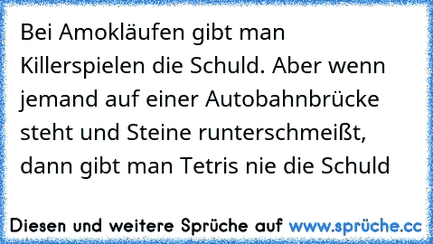 Bei Amokläufen gibt man Killerspielen die Schuld. Aber wenn jemand auf einer Autobahnbrücke steht und Steine runterschmeißt, dann gibt man Tetris nie die Schuld