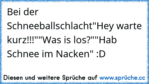 Bei der Schneeballschlacht
"Hey warte kurz!!!"
"Was is los?"
"Hab Schnee im Nacken" :D