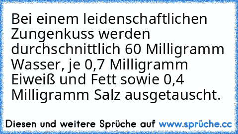 Bei einem leidenschaftlichen Zungenkuss werden durchschnittlich 60 Milligramm Wasser, je 0,7 Milligramm Eiweiß und Fett sowie 0,4 Milligramm Salz ausgetauscht.