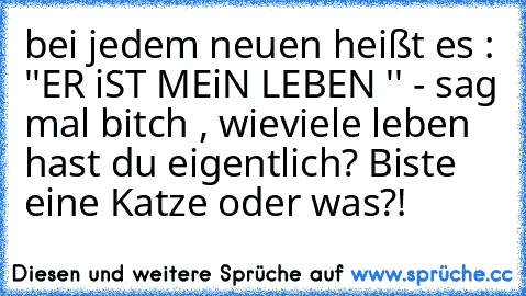 bei jedem neuen heißt es : ''ER iST MEiN LEBEN '' - sag mal bitch , wieviele leben hast du eigentlich? Biste eine Katze oder was?!