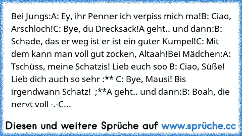 Bei Jungs:
A: Ey, ihr Penner ich verpiss mich ma!
B: Ciao, Arschloch!
C: Bye, du Drecksack!
A geht.. und dann:
B: Schade, das er weg ist er ist ein guter Kumpel!
C: Mit dem kann man voll gut zocken, Altaah!
Bei Mädchen:
A: Tschüss, meine Schatzis! Lieb euch soo ♥
B: Ciao, Süße! Lieb dich auch so sehr :** ♥
C: Bye, Mausi! Bis irgendwann Schatz! ♥ ;**
A geht.. und dann:
B: Boah, die nervt voll -....