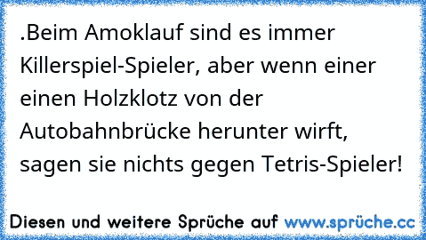 .Beim Amoklauf sind es immer Killerspiel-Spieler, aber wenn einer einen Holzklotz von der Autobahnbrücke herunter wirft, sagen sie nichts gegen Tetris-Spieler!