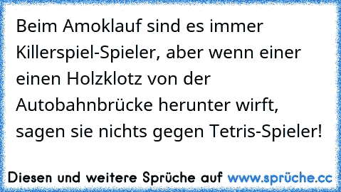 Beim Amoklauf sind es immer Killerspiel-Spieler, aber wenn einer einen Holzklotz von der Autobahnbrücke herunter wirft, sagen sie nichts gegen Tetris-Spieler!