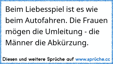 Beim Liebesspiel ist es wie beim Autofahren. Die Frauen mögen die Umleitung - die Männer die Abkürzung.