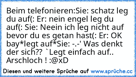 Beim telefonieren:
Sie: schatz leg du auf(: ♥
Er: nein engel leg du auf(: ♥
Sie: Neein ich leg nicht auf bevor du es getan hast(: ♥
Er: OK bay
*legt auf*
Sie: -.-' Was denkt der sich?? `Legt einfach auf.. Arschloch ! :@
xD