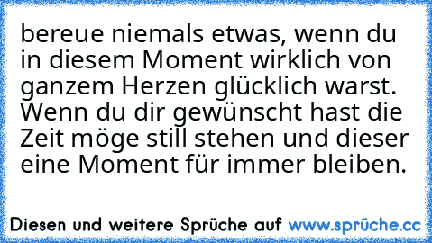 bereue niemals etwas, wenn du in diesem Moment wirklich von ganzem Herzen glücklich warst. Wenn du dir gewünscht hast die Zeit möge still stehen und dieser eine Moment für immer bleiben.