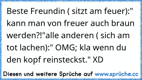 Beste Freundin ( sitzt am feuer):" kann man von freuer auch braun werden?!"
alle anderen ( sich am tot lachen):" OMG; kla wenn du den kopf reinsteckst." XD