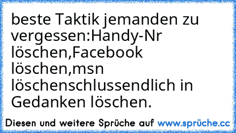 beste Taktik jemanden zu vergessen:
Handy-Nr löschen,
Facebook löschen,
msn löschen
schlussendlich in Gedanken löschen.