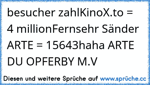 besucher zahl
KinoX.to =  4 million
Fernsehr Sänder ARTE = 15643
haha ARTE DU OPFER
BY M.V