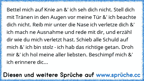 Bettel mich auf Knie an &' ich seh dich nicht. Stell dich mit Tränen in den Augen vor meine Tür &' ich beachte dich nicht. Reib mir unter die Nase ich verletze dich &' ich mach ne Ausnahme und rede mit dir, und erzähl dir wie du mich verletzt hast. Schieb alle Schuld auf mich &' ich bin stolz - ich hab das richtige getan. Droh mir &' ich hol meine aller liebsten. Beschimpf mich &' ich erinnere ...