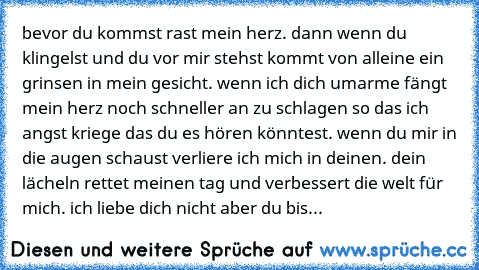 bevor du kommst rast mein herz. dann wenn du klingelst und du vor mir stehst kommt von alleine ein grinsen in mein gesicht. wenn ich dich umarme fängt mein herz noch schneller an zu schlagen so das ich angst kriege das du es hören könntest. wenn du mir in die augen schaust verliere ich mich in deinen. dein lächeln rettet meinen tag und verbessert die welt für mich. ich liebe dich nicht aber du ...