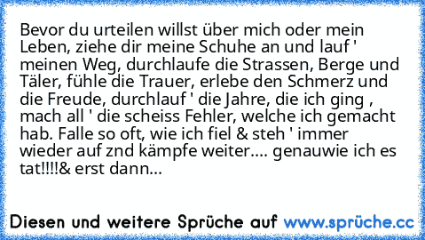 Bevor du urteilen willst über mich oder mein Leben, ziehe dir meine Schuhe an und lauf ' meinen Weg, durchlaufe die Strassen, Berge und Täler, fühle die Trauer, erlebe den Schmerz und die Freude, durchlauf ' die Jahre, die ich ging , mach all ' die scheiss Fehler, welche ich gemacht hab. Falle so oft, wie ich fiel & steh ' immer wieder auf znd kämpfe weiter.... genau
wie ich es tat!!!!
& erst dann...