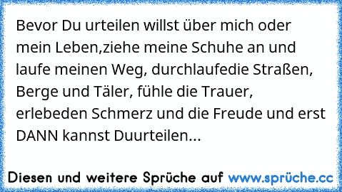 Bevor Du urteilen willst über mich oder mein Leben,
ziehe meine Schuhe an und laufe meinen Weg, durchlaufe
die Straßen, Berge und Täler, fühle die Trauer, erlebe
den Schmerz und die Freude und erst DANN kannst Du
urteilen...