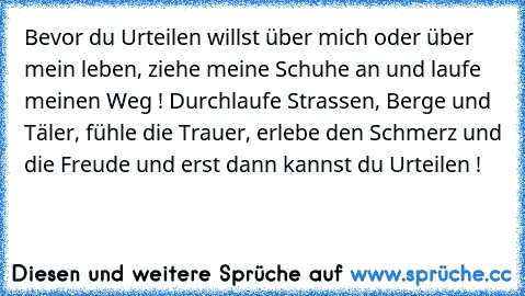 Bevor du Urteilen willst über mich oder über mein leben, ziehe meine Schuhe an und laufe meinen Weg ! Durchlaufe Strassen, Berge und Täler, fühle die Trauer, erlebe den Schmerz und die Freude… und erst dann kannst du Urteilen !