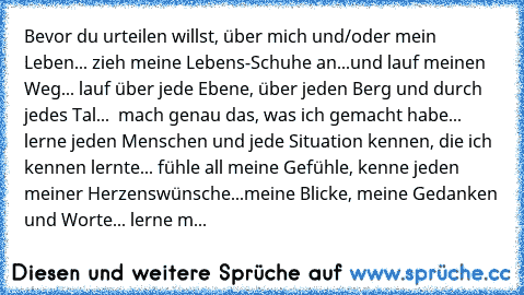 Bevor du urteilen willst, über mich und/oder mein Leben... zieh meine Lebens-Schuhe an...und lauf meinen Weg... lauf über jede Ebene, über jeden Berg und durch jedes Tal...  mach genau das, was ich gemacht habe... lerne jeden Menschen und jede Situation kennen, die ich kennen lernte... fühle all meine Gefühle, kenne jeden meiner Herzenswünsche...meine Blicke, meine Gedanken und Worte... lerne m...