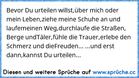 Bevor Du urteilen willst,
über mich oder mein Leben,
ziehe meine Schuhe an und laufe
meinen Weg,
durchlaufe die Straßen, Berge und
Täler,
fühle die Trauer,
erlebe den Schmerz und die
Freuden... ...
und erst dann,
kannst Du urteilen...