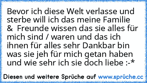 Bevor ich diese Welt verlasse und sterbe will ich das meine Familie  &  Freunde wissen das sie alles für mich sind / waren und das ich ihnen für alles sehr Dankbar bin was sie jeh für mich getan haben und wie sehr ich sie doch liebe :-*