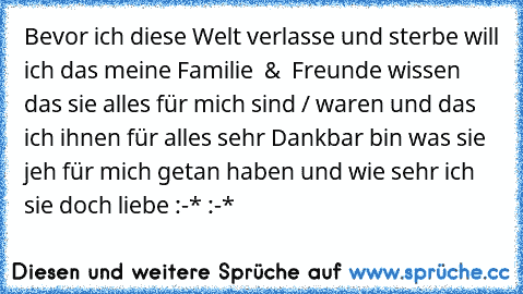 Bevor ich diese Welt verlasse und sterbe will ich das meine Familie  &  Freunde wissen das sie alles für mich sind / waren und das ich ihnen für alles sehr Dankbar bin was sie jeh für mich getan haben und wie sehr ich sie doch liebe :-* :-*