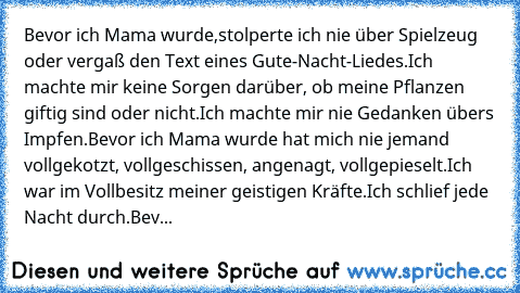 Bevor ich Mama wurde,
stolperte ich nie über Spielzeug oder vergaß den Text eines Gute-Nacht-Liedes.
Ich machte mir keine Sorgen darüber, ob meine Pflanzen giftig sind oder nicht.
Ich machte mir nie Gedanken übers Impfen.
Bevor ich Mama wurde hat mich nie jemand vollgekotzt, vollgeschissen, angenagt, vollgepieselt.
Ich war im Vollbesitz meiner geistigen Kräfte.
Ich schlief jede Nacht durch.
Bev...