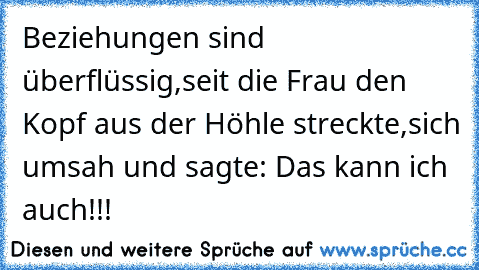 Beziehungen sind überflüssig,seit die Frau den Kopf aus der Höhle streckte,sich umsah und sagte: Das kann ich auch!!!