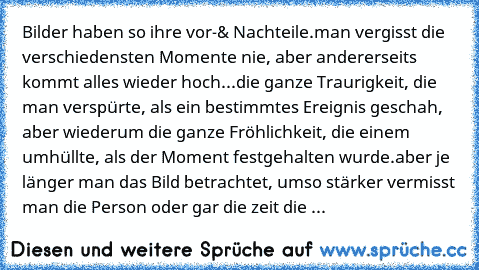 Bilder haben so ihre vor-& Nachteile.
man vergisst die verschiedensten Momente nie, aber andererseits kommt alles wieder hoch...
die ganze Traurigkeit, die man verspürte, als ein bestimmtes Ereignis geschah, aber wiederum die ganze Fröhlichkeit, die einem umhüllte, als der Moment festgehalten wurde.
aber je länger man das Bild betrachtet, umso stärker vermisst man die Person oder gar die zeit die ...