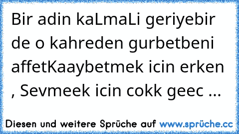 Bir adin kaLmaLi geriye
bir de o kahreden gurbet
beni affet
Kaaybetmek icin erken , Sevmeek icin cokk geec ...