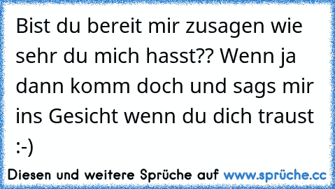 Bist du bereit mir zusagen wie sehr du mich hasst?? Wenn ja dann komm doch und sags mir ins Gesicht wenn du dich traust :-)