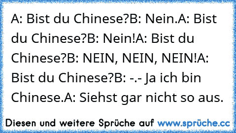 A: Bist du Chinese?
B: Nein.
A: Bist du Chinese?
B: Nein!
A: Bist du Chinese?
B: NEIN, NEIN, NEIN!
A: Bist du Chinese?
B: -.- Ja ich bin Chinese.
A: Siehst gar nicht so aus.