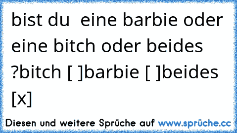 bist du  eine barbie oder eine bitch oder beides ?
bitch [ ]
barbie [ ]
beides [x]