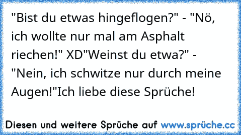 "Bist du etwas hingeflogen?" - "Nö, ich wollte nur mal am Asphalt riechen!" XD
"Weinst du etwa?" - "Nein, ich schwitze nur durch meine Augen!"
Ich liebe diese Sprüche! ♥