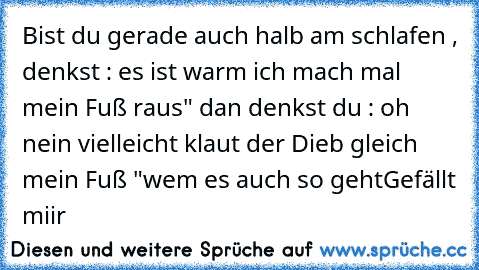 Bist du gerade auch halb am schlafen , denkst : es ist warm ich mach mal mein Fuß raus" dan denkst du : oh nein vielleicht klaut der Dieb gleich mein Fuß "
wem es auch so geht
Gefällt miir  