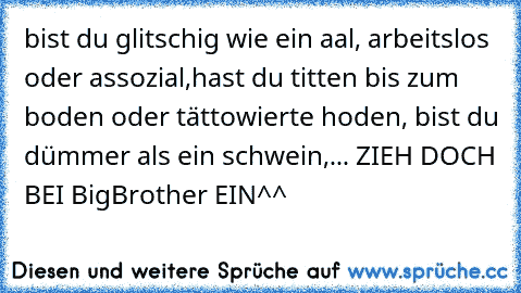 bist du glitschig wie ein aal, arbeitslos oder assozial,hast du titten bis zum boden oder tättowierte hoden, bist du dümmer als ein schwein,... ZIEH DOCH BEI BigBrother EIN^^