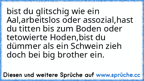 bist du glitschig wie ein Aal,arbeitslos oder assozial,
hast du titten bis zum Boden oder tetowierte Hoden,
bist du dümmer als ein Schwein zieh doch bei big brother ein.