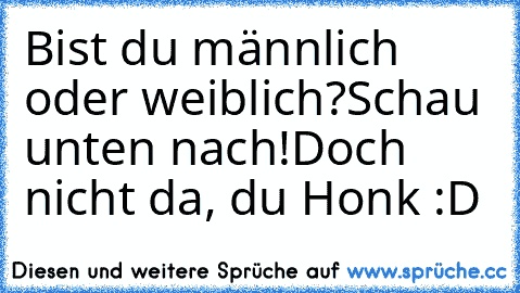 Bist du männlich oder weiblich?
Schau unten nach!
Doch nicht da, du Honk :D