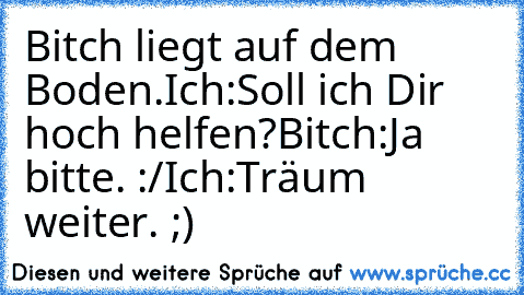 Bitch liegt auf dem Boden.
Ich:Soll ich Dir hoch helfen?
Bitch:Ja bitte. :/
Ich:Träum weiter. ;)