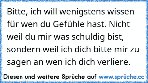 Bitte, ich will wenigstens wissen für wen du Gefühle hast. Nicht weil du mir was schuldig bist, sondern weil ich dich bitte mir zu sagen an wen ich dich verliere.