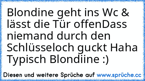 Blondine geht ins Wc & lässt die Tür offen
Dass niemand durch den Schlüsseloch guckt 
Haha Typisch Blondiine :)