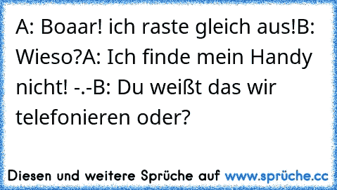 A: Boaar! ich raste gleich aus!
B: Wieso?
A: Ich finde mein Handy nicht! -.-
B: Du weißt das wir telefonieren oder?