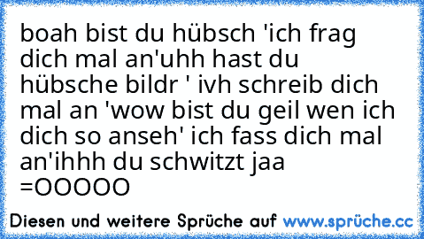 boah bist du hübsch 'ich frag dich mal an'
uhh hast du hübsche bildr ' ivh schreib dich mal an '
wow bist du geil wen ich dich so anseh' ich fass dich mal an'
ihhh du schwitzt jaa =OOOOO