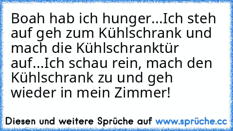 Boah hab ich hunger...
Ich steh auf geh zum Kühlschrank und mach die Kühlschranktür auf...
Ich schau rein, mach den Kühlschrank zu und geh wieder in mein Zimmer!