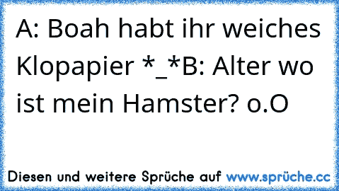 A: Boah habt ihr weiches Klopapier *_*
B: Alter wo ist mein Hamster? o.O