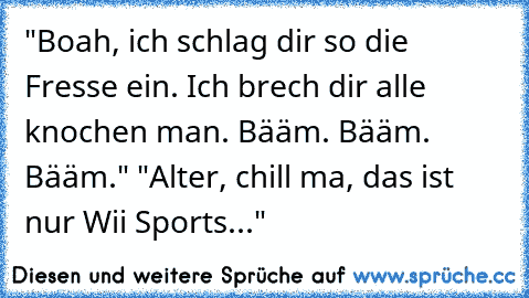 "Boah, ich schlag dir so die Fresse ein. Ich brech dir alle knochen man. Bääm. Bääm. Bääm." "Alter, chill ma, das ist nur Wii Sports..."