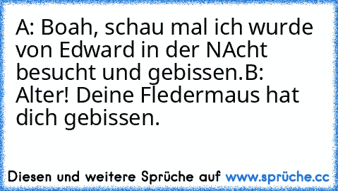 A: Boah, schau mal ich wurde von Edward in der NAcht besucht und gebissen.
B: Alter! Deine Fledermaus hat dich gebissen.