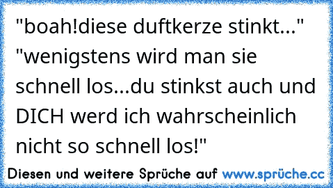 "boah!diese duftkerze stinkt..." "wenigstens wird man sie schnell los...du stinkst auch und DICH werd ich wahrscheinlich nicht so schnell los!"