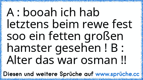 A : booah ich hab letztens beim rewe fest soo ein fetten großen hamster gesehen ! 
B : Alter das war osman !!